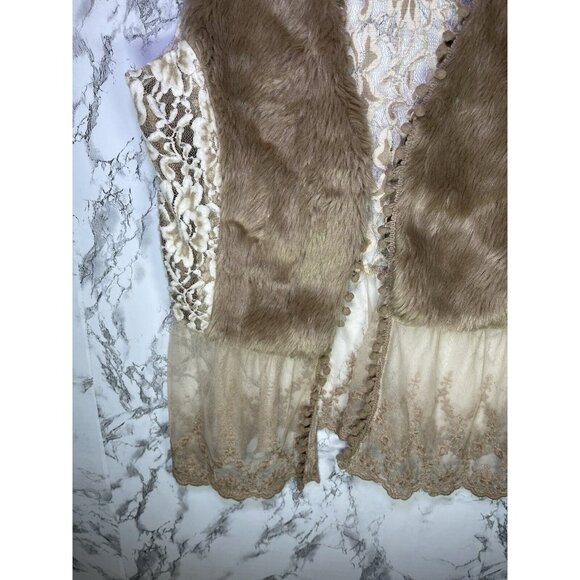 Anthropologie Faux Fur Vest SZ Large Brown Lace Boho Festival Hook Eye V Neck - Picture 4 of 12